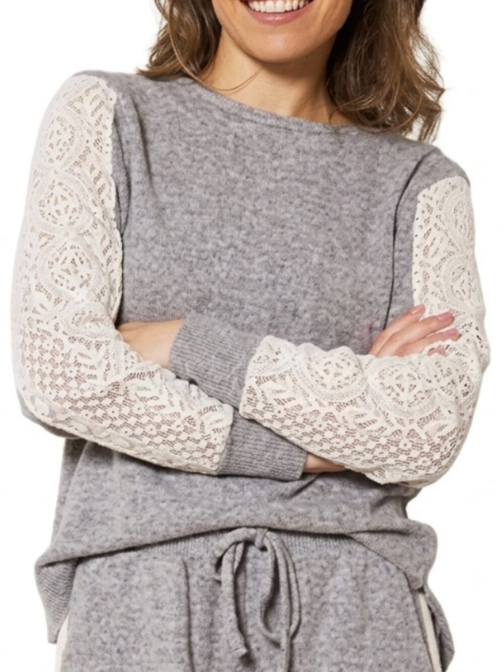 FN BY FLORA NIKROOZ Pajama / Lounge Lace Stripe Gray Cream Crewneck Sweatshirt M